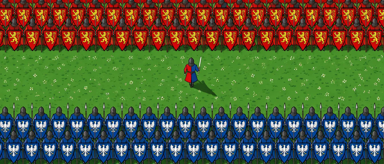 Dari atas, barisan merah Tey dan barisan biru Ottokar berhadapan di padang hijau. Di jalur kosong di antara mereka, bentara bertabard merah biru berjalan sendirian dengan tongkat putih.