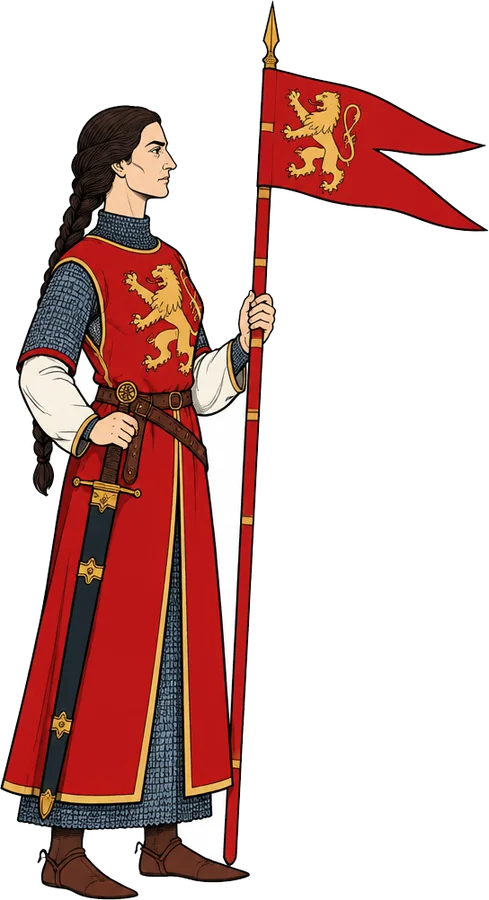 Lady Ermengarde Tey dalam profil, surcoat merah bersinga kuning, memegang lance berpanji Tey.