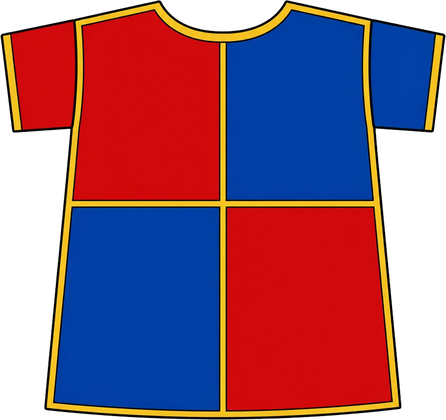 Tabard Isembard terbentang, dibagi empat: merah, biru, biru, merah.